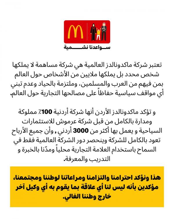 ماكدونالدز الأردن: لا علاقة لنا بما يقوم به أيّ وكيل آخر خارج الأردن
